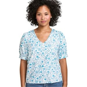 NWT 100% Cotton Draper James Blue and White Fitted Short Sleeve Blouse